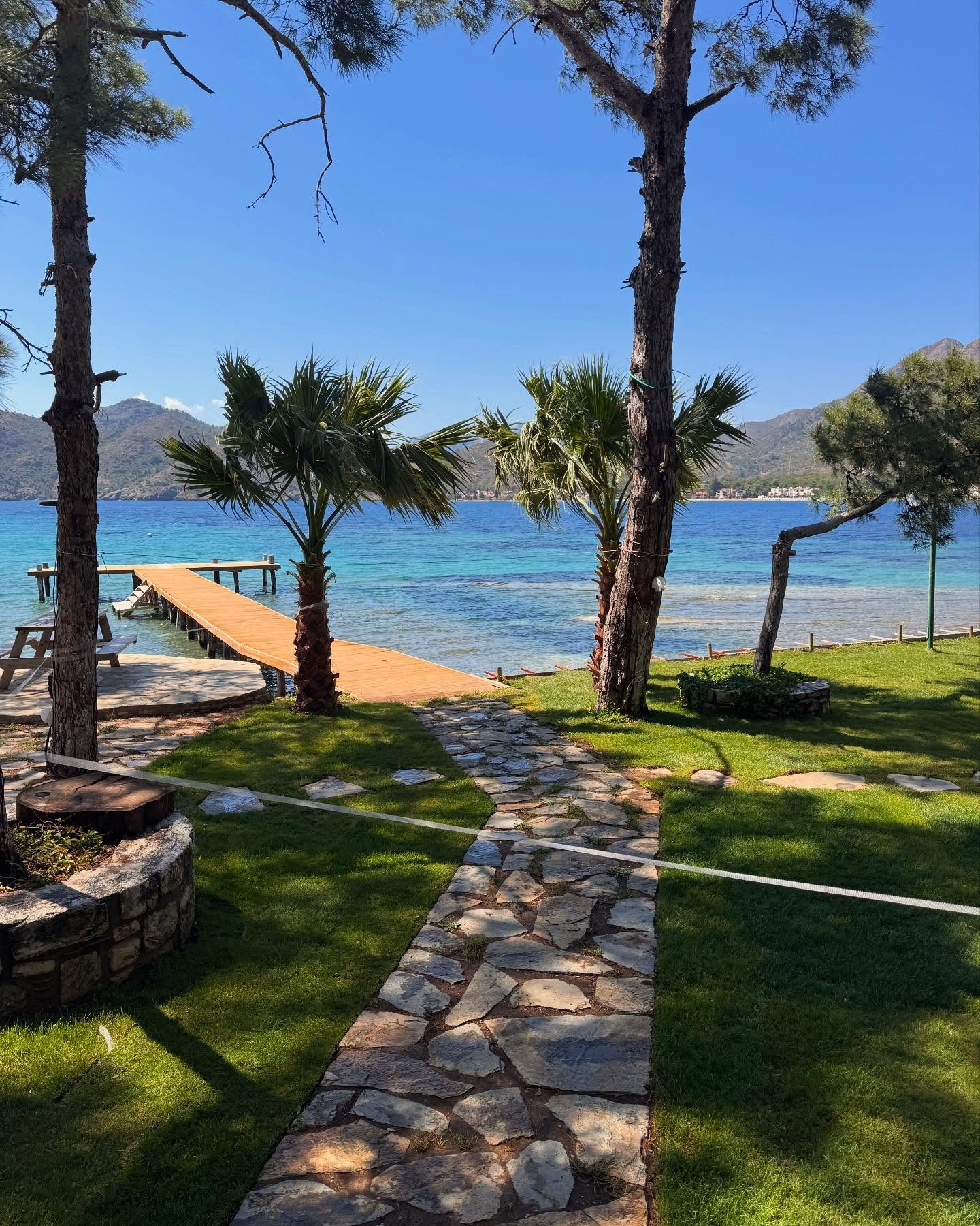 Promil Beach gündüz — çamlar, iskele ve turkuaz koy
